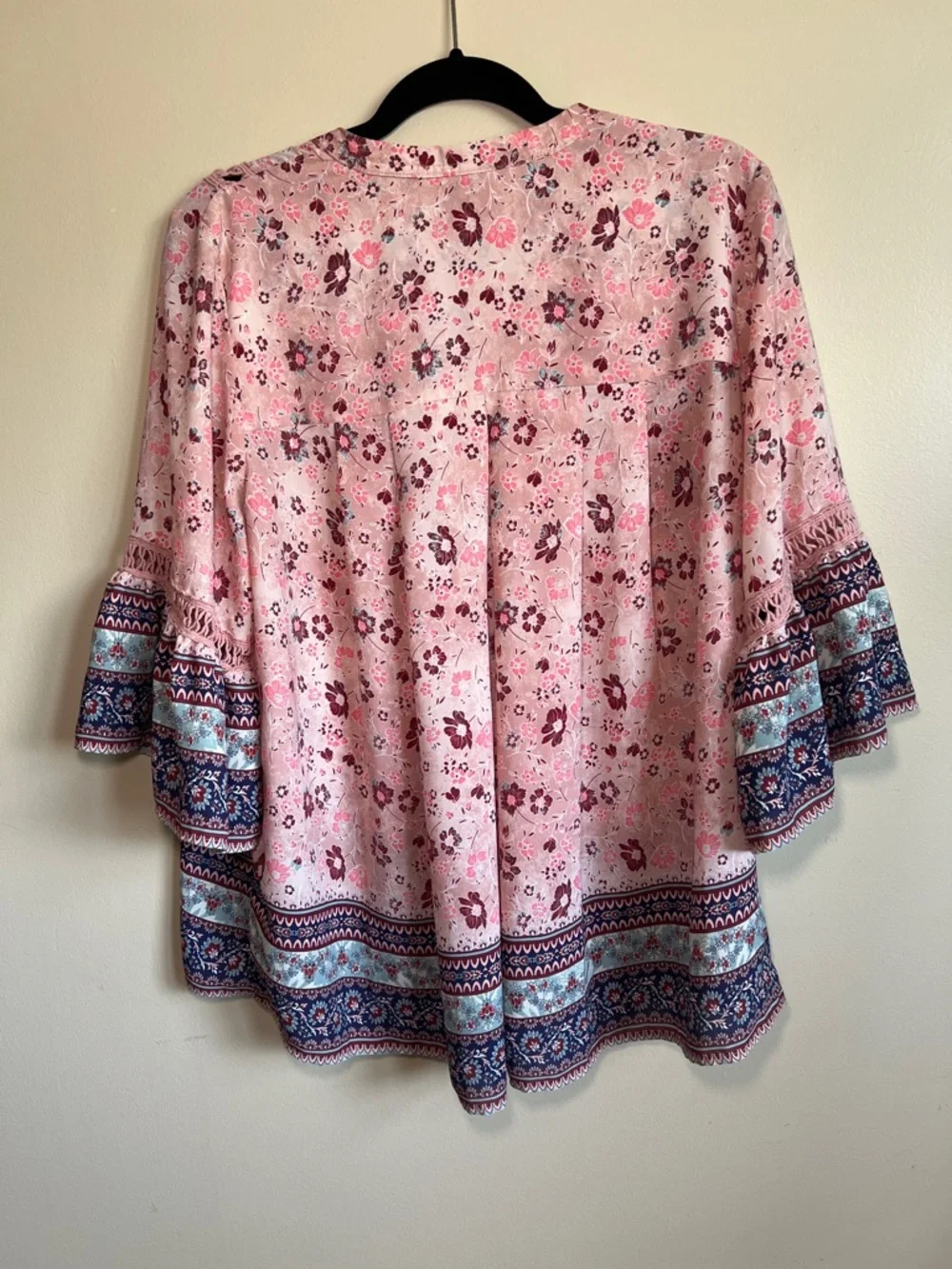 Knox Rose XXL Pink Floral Boho Peasant Blouse Bell Sleeve Top - Picture 2 of 9